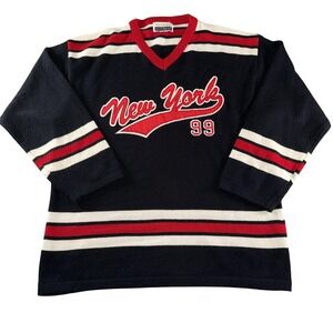Skoops Sweater Mens 2XL Blue V Neck New York 99 Striped Pullover Hockey Style